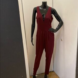 Ambiance Red Jumpsuit with Wide Legs and V-Neckline